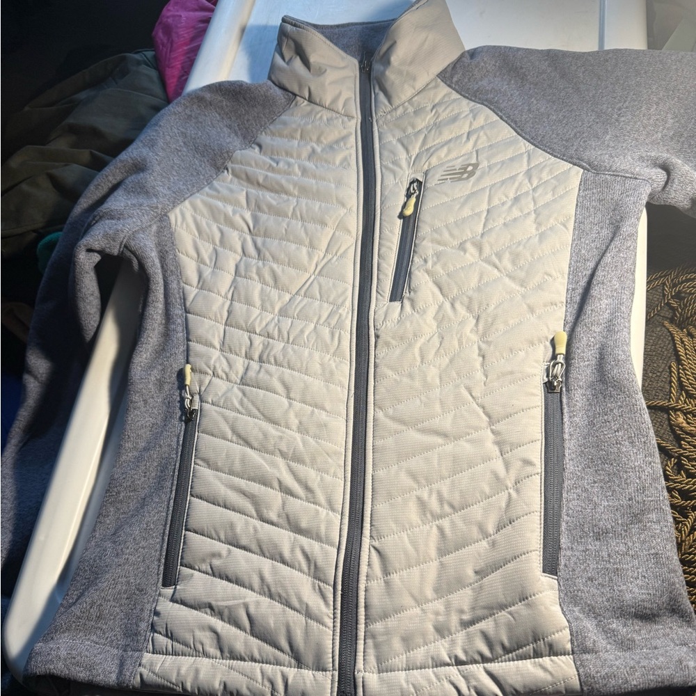 New Balance Jacket M Gray Full Zip Quilted Fleece  Pockets